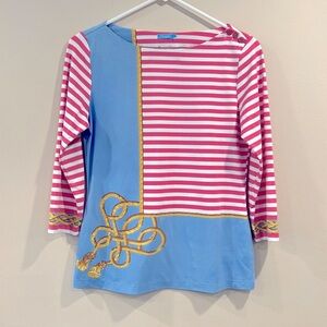 🌸3/$20 J.McLaughlin Striped Pink and Blue Top with Gold Accents🌸